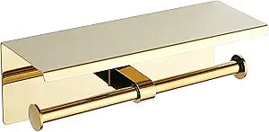 BGL Double Toilet Paper Holder Stainless Steel 304 Wall Mounted Two Heads Roll Tissue Holder with Shelf (Gold)