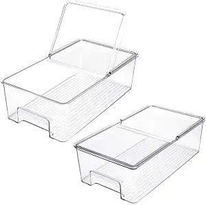SANNO Vegetable Refrigerator Organizer Food Bins with lids Large Stackable Fridge Clear Organizers Kitchen Cabinet Organizer for Freezer, Kitchen, Countertops, Cabinets Pantry Storage Binsset of 2