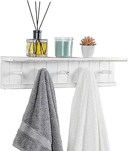 MyGift Wall Mounted 5-Hook Vintage White Wood Floating Bathroom Shelf & Towel Rack