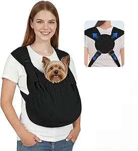 Supet Dog Sling Carrier, Hands Free Adjustable Puppy Pouch Carrier, Soft Wearable Pet Front Bag for Dachshund & Teacup Dogs, Anti-Anxiety Chest Carrier with Back Pain Relief (Black, Regular)
