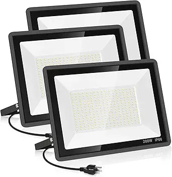 YANYCN 3 Pack 200W LED Flood Light,Super Bright Exterior Security Lights With Plug,IP66 Waterproof Outdoor Flood Light, 22800lm 5000K Daylight White Floodlight for Yard, Garden,Basketball Court, Arena