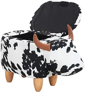 OLizee Decorative Cow Storage Ottoman Footstool Cute Animal Upholstered Stool for Kids Wooden Accent Footrest, Black White