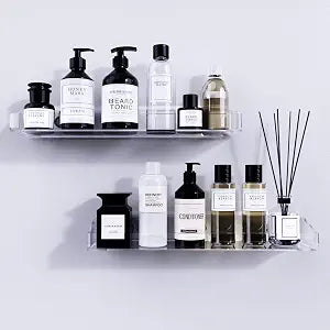 Bakzon Acrylic Shower Shelves 2 Pack No Drill Adhesive Acrylic Bathroom Shelves, Heavy Duty Shower Caddy Holds 20 lbs, Clear Wall Mounted Shower Organizer for Inside Shower