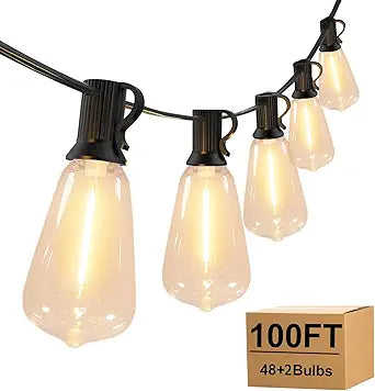 Outdoor String Lights with ST38 Clear Globe Bulbs, Black Cord, Waterproof LED Edison Filament Decorative Lighting for Patio, Garden, Backyard (ST38 Bulbs, 100FT)