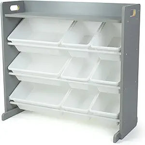 Humble Crew Toy Storage Organizer with 9 Removable Storage Bins for Kids Playroom, 3-Tier with Top Shelf Toddler Toy Organization, Grey/White