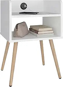 Didi Modern Nightstand with Integrated USB Charging Station, 2-Tier Open Storage Shelves, 4 Wood Legs, White (White/Natural Oak)