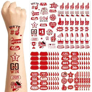 Red Team Spirit Temporary Tattoos & Face Stickers, 30 PCS Cheer Set