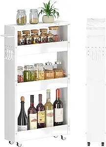 XYZLVSI Slim Storage Cart, 5 in Width, 4-Tier White Rolling Cart with Handle & Wooden Top for Kitchen Bathroom Laundry Narrow Places