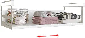 Expandable Under Cabinet Shelf Organizer with 0.94-Inch Thick Clips, Heavy Duty Extendable Under Shelf Storage Basket for Pantry or Laundry Room, White, 1 Pack, Interior: 4.13" H x 7.2" D