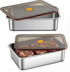 Reallnaive 2 Pcs Stainless Steel Marinade Containers with Lid, 5.6 Qt Metal Meat Brining Containers, Brining Prepstorage Box Dishwasher Safe Bpa Free for BBQ Tailgates Storage