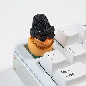 1U Handmade Resin Yellow Rap Duck Keycap - Cute Duck with Sunglasses Gold Necklace Knitted Hat, Compatible with MX Switch Mechanical Keyboards