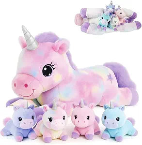little tigers Unicorn Mommy Stuffed Animal with 4 Babies in Tummy, 5-in-1 Soft Unicorn Plush Toy Pillow, Stuffed Animal Gifts for Girls Kids Toddlers Birthday Christmas Easter