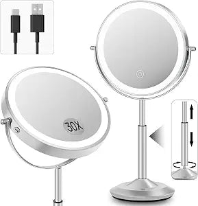 8" Lighted Makeup Mirror with Light,30X Magnifying Height Adjustable Mirror