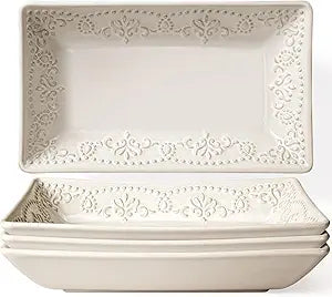 Artena 9.85" Ceramic Rectangle Plates Set of 4 - Deep Lipped Edges, Appetizer Salad Sushi Pasta Dessert Plates, Microwave/Oven Safe, Cute Kitchen Dinner Restaurant Serving Dishes (Damask Floral)