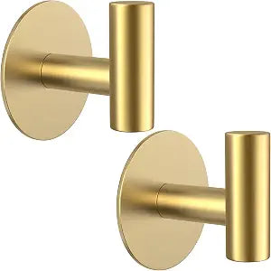 Gold Stainless Steel Wall Hooks, Heavy Duty Self-Adhesive Hooks for Coats, Towels, Robes, Hats, Aprons No Drill Bathroom, Kitchen, Hotel (2 Pack)