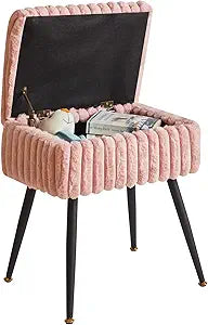 Aibiju Vanity Stool Chair, Foot Stools Ottoman, Faux Fur Vanity Chair with Black Legs, Vanity Stool for Makeup, Make up Chairs for Vanity, Vanity Small Bench Seat Storage Pink YD-MS151P