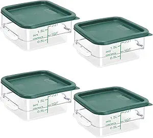 4 Pack Food Storage Containers with Green Lids, 2.0 Qt - Square, Clear, Polycarbonate, for Restaurant Commercial Kitchen and Home party