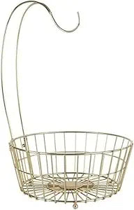 Gourmet Basics by Mikasa Geneva Countertop Fruit Basket with Banana Hanger Gold-Finish Metal Storage Stand for Kitchen Organization & Produce Display