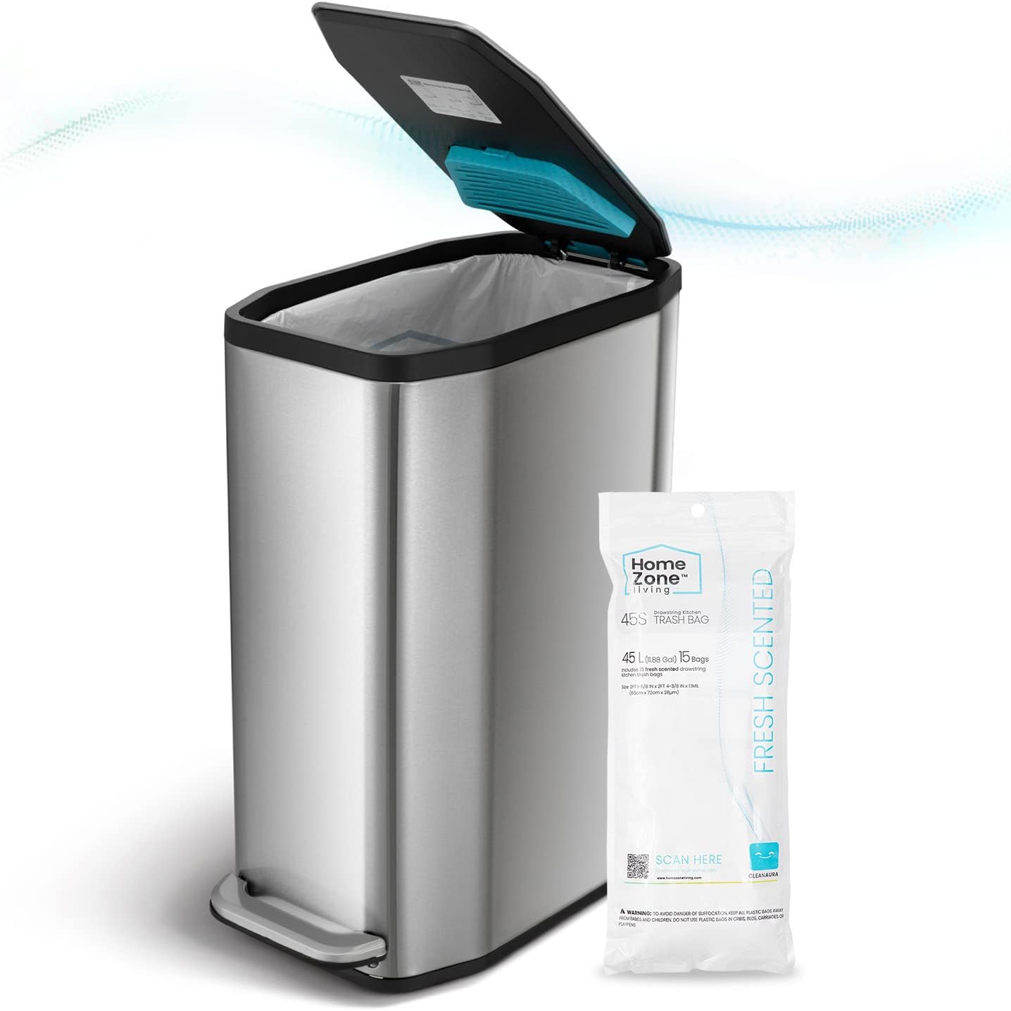 Home Zone Living 13 Gallon Slim Kitchen Trash Can with CleanAura Odor Control, Stainless Steel, Silver, 50 Liters