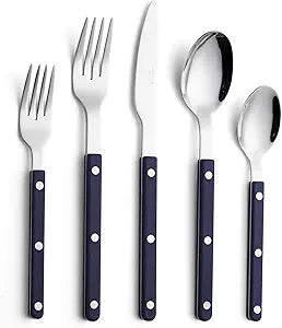 ANNOVA Silverware Set, Retro/Rivet Colorful Stainless Steel Tableware Kitchen Flatware Set Utensils, Includes Dinner Knives, Forks, Spoons, Salad Forks & Dessert Spoons (Navy Blue, 10 Pieces)