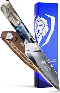 Dalstrong Valhalla 4" Paring Knife 9CR18MOV HC Steel (812 Edge), Unique Wood + Resin Handle For Peeling, Deveining, Trim Work & Precision Prep Leather Sheath, Customer Support