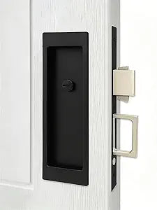 Matte Black Pocket Door Hardware Privacy Pocket Door Handle Heavy Solid Pocket Door Latch Pull for Bathroom Fits Doors from 1 3/8" to 2" Thick
