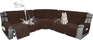 Velvet 1OO% Waterproof Reclining Sectional Couch Covers for Sectional Sofa L Shape 9-Piece Quilted Corner Recliner Sofa Cover Slipcovers Set Washable (5 Seater with 2 Console, Dark Brown)