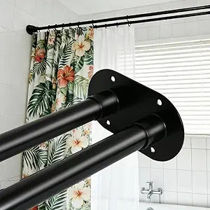 Wall Mounted Double Shower Curtain Rod Adjustable 30 to 105 Inches, Heavy Duty Permanent Fixed Dual Rod, Never Fall Rustproof Iron with Metal Flanges Black for Bathroom Closet