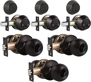 3 Pack Exterior Door Knob and Deadbolt Set, Oil Rubbed Bronze Entry Door Lock Sets with Double Cylinder Deadbolt, Security Round Style Entry Door Knobs Deadbolt
