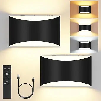 Battery Operated Wall Sconces Set of 2 Rechargeable Wireless Black