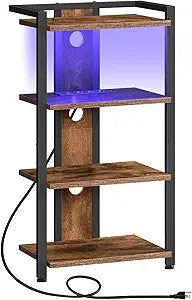 HOOBRO 4-Tier AV Media Stand, Media Console with Charging Station and LED Light, Wooden Stereo Cabinet, Corner TV Stand, Record Player, Entertainment Device Stand, Rustic Brown and Black BF38UDCJ01