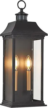 Dusk to Dawn Motion Sensor Outdoor Wall Lantern 2-Light,21.1" Large Exterior Wall Sconce Lighting,Modern Black Wall Light Fixture with Glass, Waterproof Exterior Lamp for Patio, House, Porch, Garage