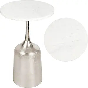 JONATHAN Y Pip Modern Round Marble Drink Table with Antique Nickel Bell-Shaped Metal Pedestal Base, 20.25" Tall Small Side Accent Martini Table for Living Room and Small Spaces END4002A