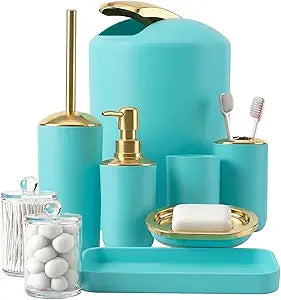 9 Pieces Teal Bathroom Accessories Set Gorgeous Gold Bathroom Set, Trash Can, Toilet Brush, Soap Dispenser, Toothbrush Holder, Soap Dish, Tumber, Qtip Holder, Tray, Sink Countertop Set