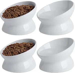 Elevated Ceramic Cat Bowl, 15 Tilted Raised Food & Water Dishes, Anti-Vomiting & Neck Protection Pet Feeder for Kittens, Small Dogs (5.2", White, 4pc Set)