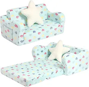 MOMCAYWEX Toddler Couch, 2-in-1 Kids Soft Couch Fold Out with Star Pillow, Foldable Sofa to Lounger, Large, Colorful Heart