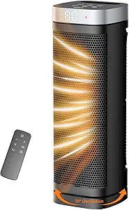 Space Heater, WINHL 17 Inches Electric Heaters for Indoor Use with Thermostat and Remote, 70┬░Oscillation, 12H Timer, 5 Modes, 1500W PTC Ceramic Fast Safety Heat for Office Bedroom Home