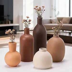 Modern Ceramic Vase Set of 5, Vases Home Decor Rustic Farmhouse Decorative Vase for Bouquet Dried Fresh Flowers, Table Living Room Kitchen Bedroom
