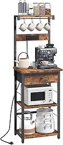 MAHANCRIS Bakers Rack with Drawer, Microwave Stand with Power Outlet, Coffee Bar Station with 4 Hooks, Kitchen Storage Shelf Rack 4 Tiers, for Kitchen, Dining Room, Rustic Brown and Black BRHR48E01