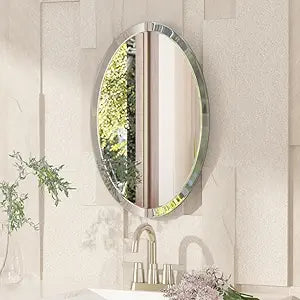 VocalStar Frameless Oval Mirror, 16" x 24" Bathroom Wall Mirror with Beveled Edge, Modern Decorative Vanity Mirrored for Living Room, Entryway, Bedroom | 1/4-Inch Shatterproof Glass