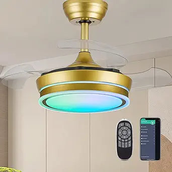 30" Retractable Ceiling Fan with Light, RGB Modern Fandelier 6 Speeds Reversible Blades Dimmable Remote App Control Memory Timer Gold