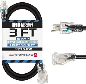 Iron Forge Cable 10 Gauge Extension Cord Heavy Duty, 3 Ft - Black SJTW