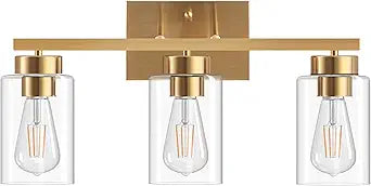 PARTPHONER 3-Light Bathroom Light Fixtures, Brushed Gold Vanity Light with Clear Glass Shade, Modern Wall Sconce for Mirror Bedroom Living Room Hallway Lighting