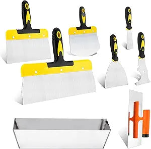DEKEones Drywall Knife Set, 8 Pieces Stainless Steel Drywall Hand Tool Kit Includes Taping Knives, Putty Knives, Finishing Trowel, Mud Scoop and 12" Mud Pan with Ergonomic Handles for Drywall Work