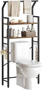 YATINEY 2-Tier Over The Toilet Storage, Multifunctional Vertical Over Toilet Bathroom Organizer, Freestanding Bathroom Storage Shelves with Hooks, Bathroom Organizer, Rustic Brown and Black TR01BR