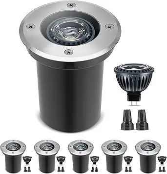 Gardencoin Low Voltage Landscape LED Well Lights, 12V in Ground Lights Outdoor IP67 Waterproof, 5" Tall Wired Landscape Up Lighting, Included Replaceable 5W 2700K MR16 Bulb Dimmable, 6 Pack