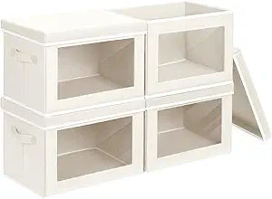 Homsorout Storage Bins with Lids, 4 Pack Large Storage Cubes with Window, Closet Bins with Lids & Handles, Fabric Box for Organizing Clothes, Towels, Books, Beige