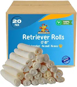 Brazilian Pet Premium Extra Thick Retriever Rolls 7-8 Inches (20 Pack), 100% Natural, Single Sheet Rawhide