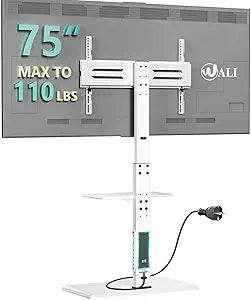 WALI Floor TV Stand with Power Outlet & AV Shelf, Tall TV Stand Mount for 36-75 inch TV up to 110 lbs, Swivel and Height Adjustable TV Stands with Wood Base for Bedroom, Office(TVDVD-6PW), White