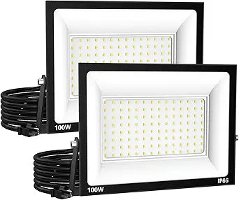 Zelvia LED Flood Lights Outdoor for Yard Work -100W 10000lm Super Bright LED Work Light with US Plug,6500K Daylight White Floodlight,IP66 Waterproof Security Outside Lights for Garage Stadium -2 Pack